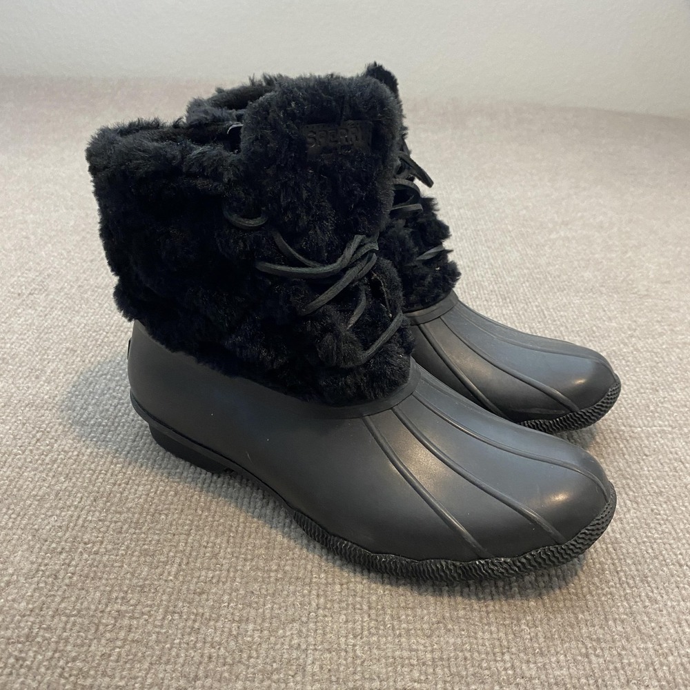 Sperry Snow‎ Boots Womens Size 9.5 Black Faux Fur Ankle Zip Lace Up STS88355